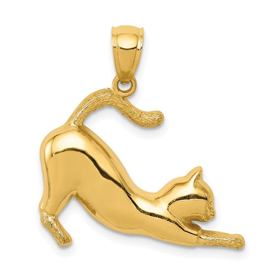 14k Yellow Gold Stretching Cat Pendant